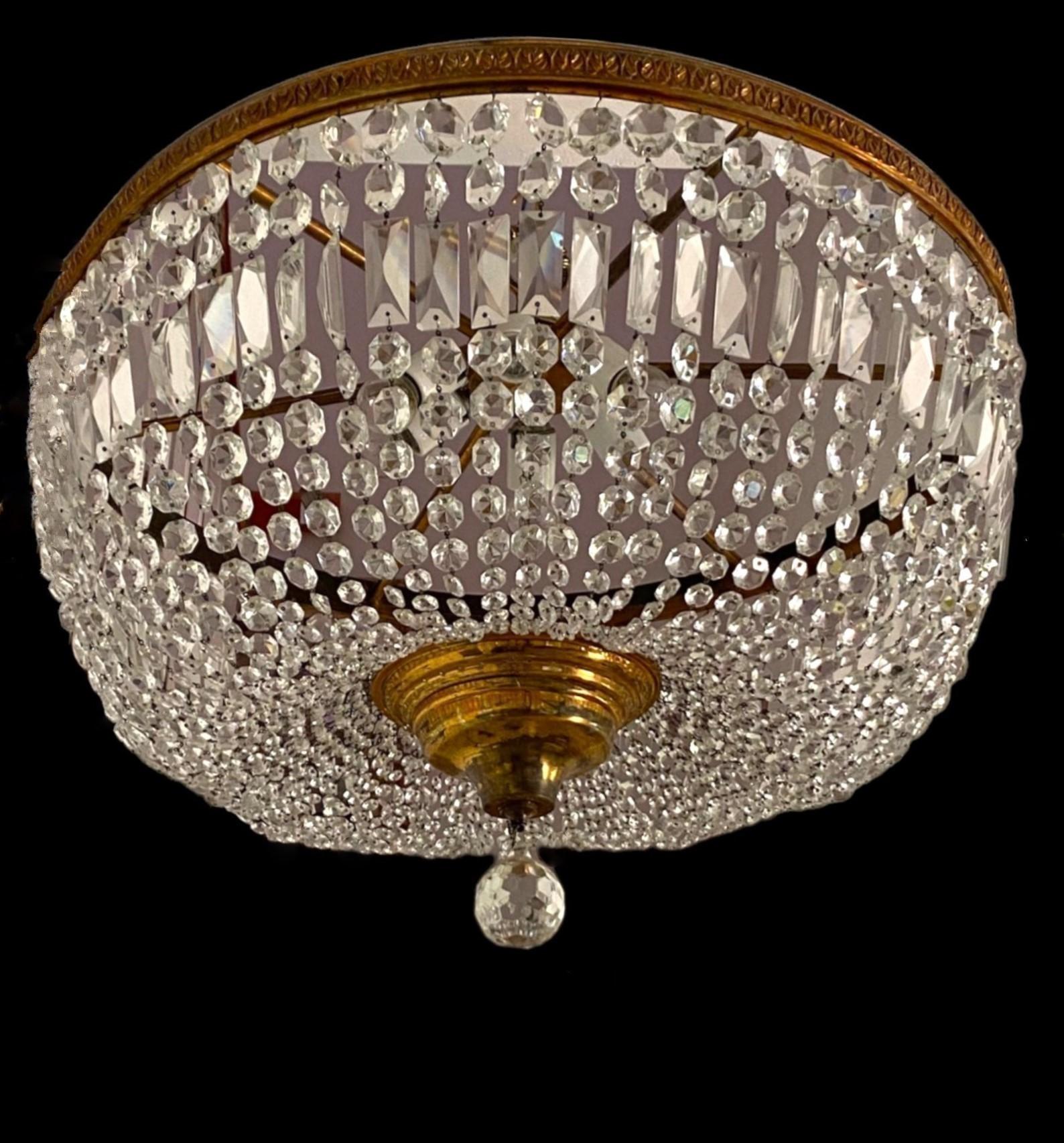 Mid-20th Century Huge French Art Deco Crystal Bronze Six-Light Flush Mount Chandelier, 1950s For Sale