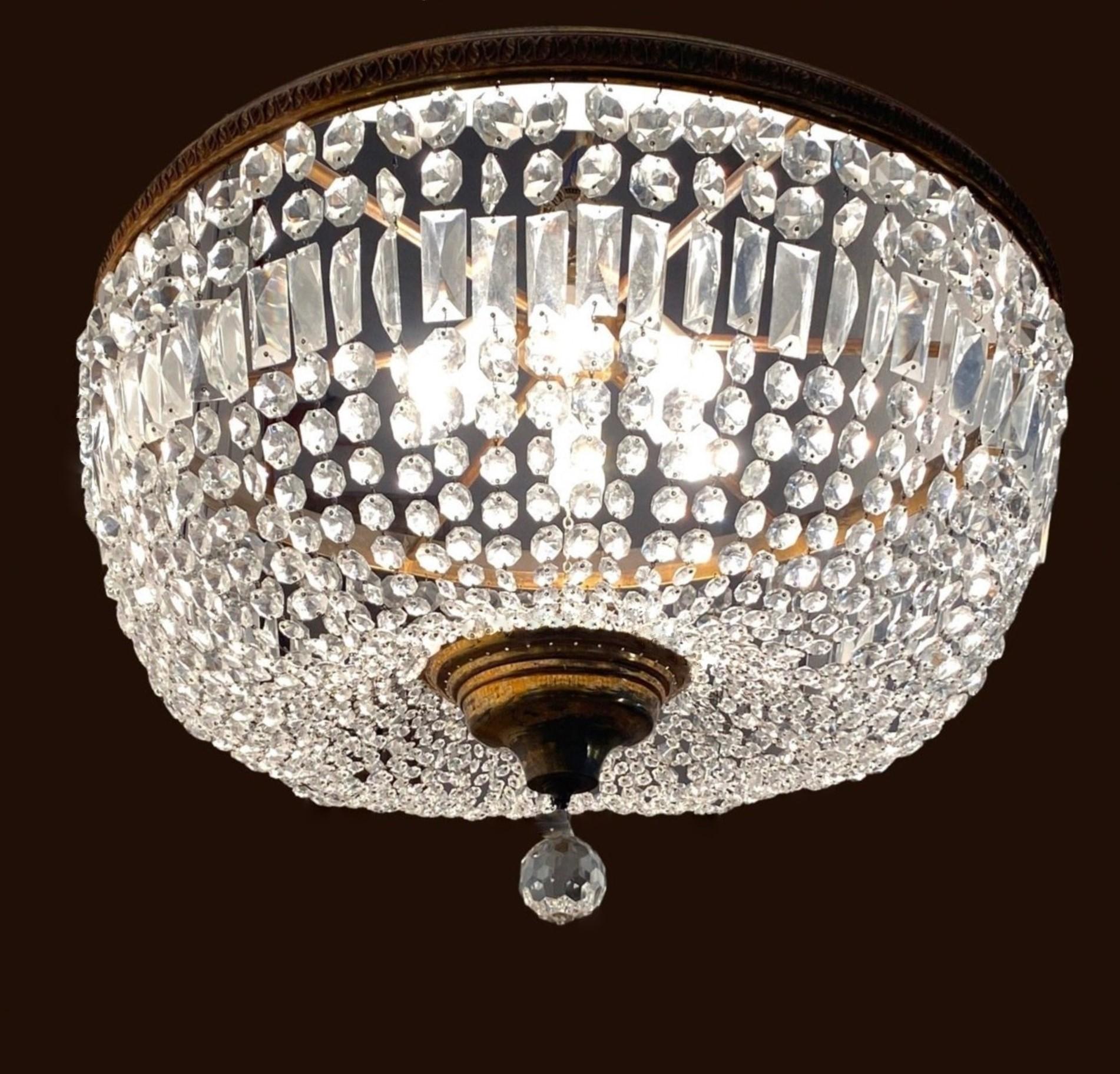 Huge French Art Deco Crystal Bronze Six-Light Flush Mount Chandelier, 1950s For Sale 2