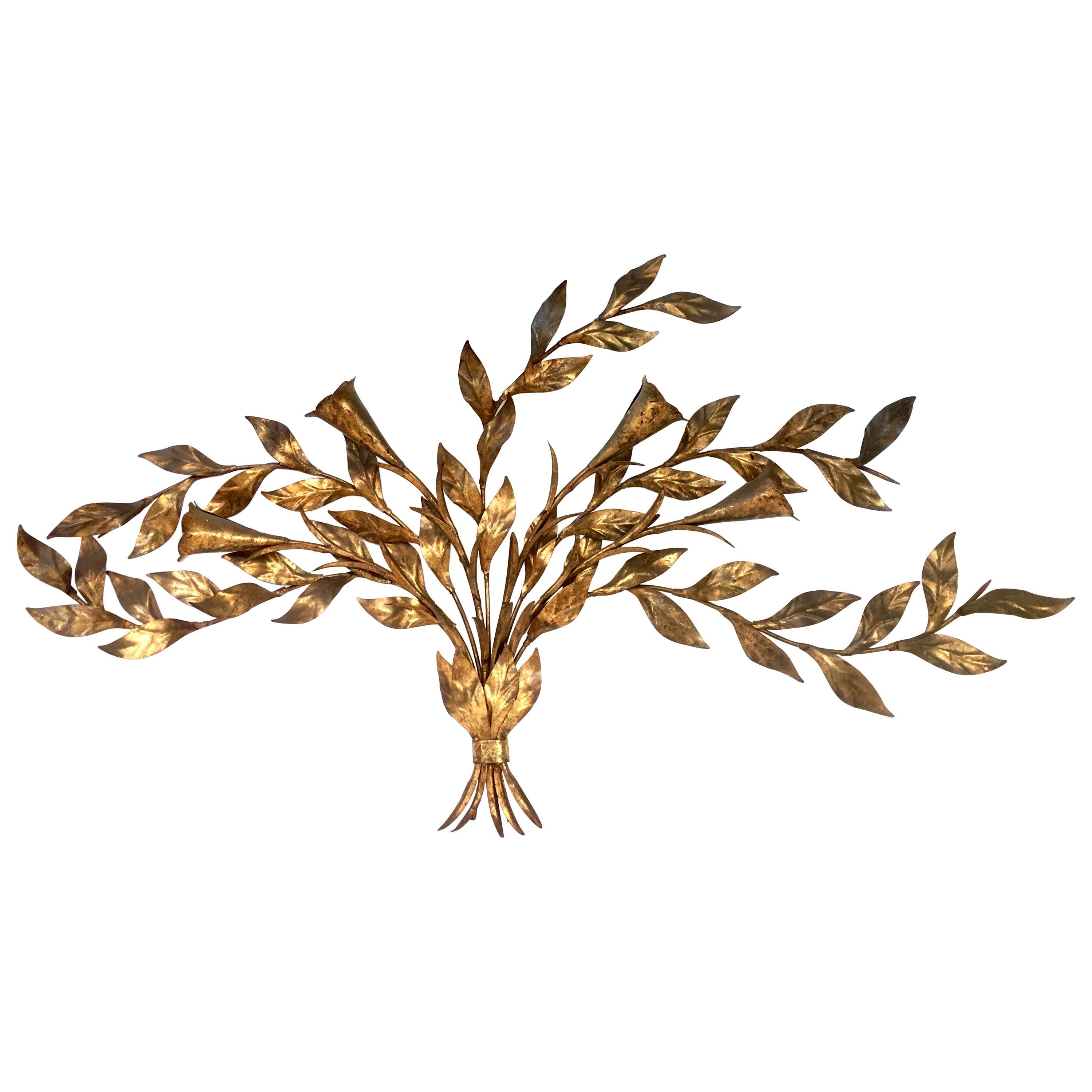 1950'S Monumental Italian Gold Leaf Floral Sheaf Wall Sculpture By Florentia For Sale
