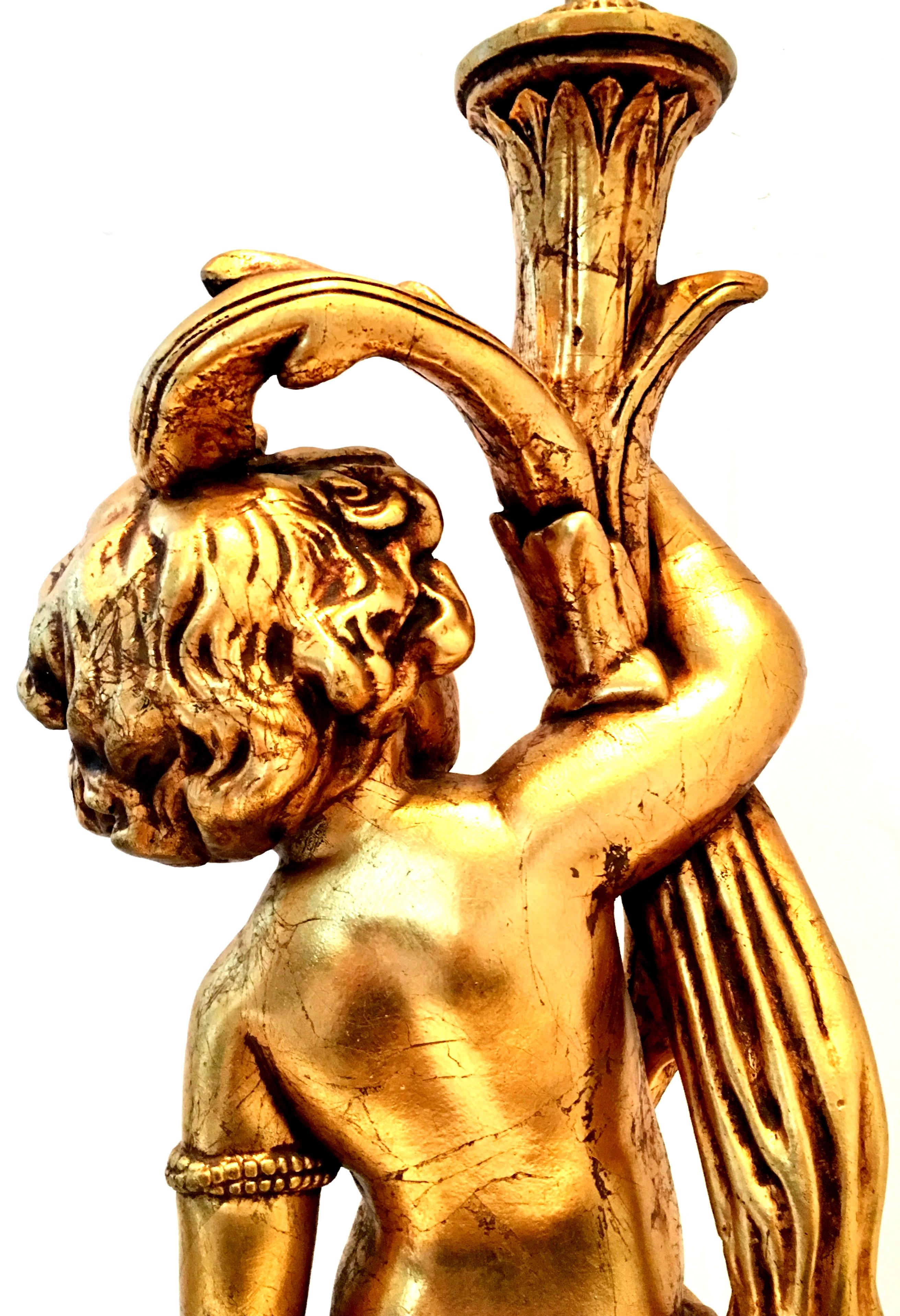 1950s Monumental Neoclassical Style Gold Figural Putti Lamp and Gilt Shade For Sale 9