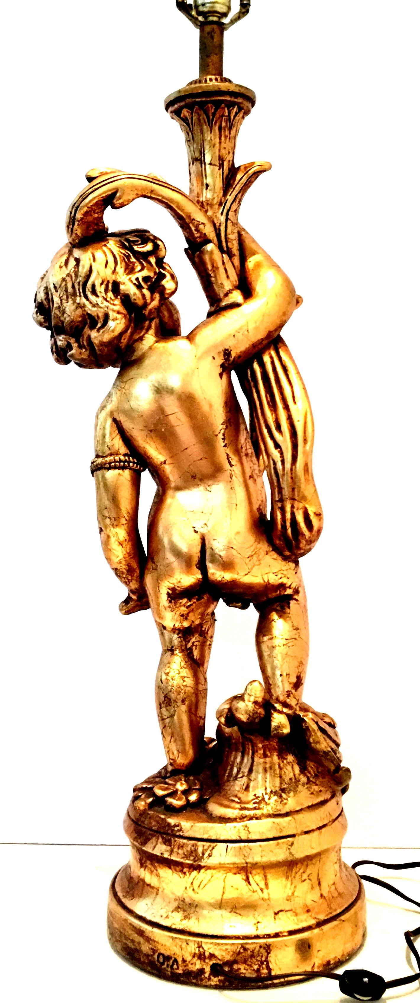 Brass 1950'S Monumental Neoclassical Style Gold Figural Putti Lamp & Gilt Shade