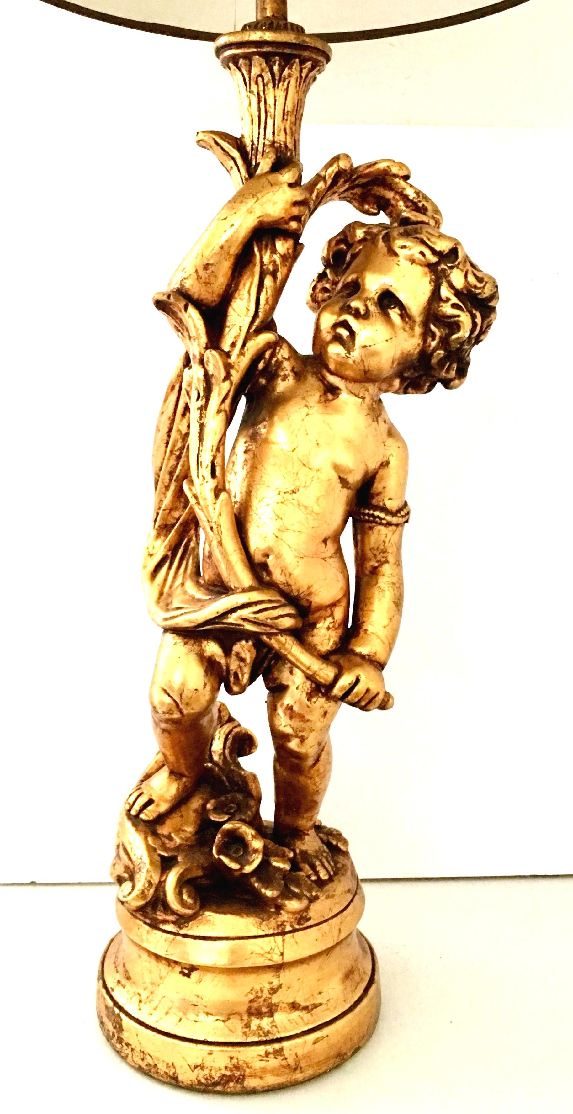 1950'S Monumental Neoclassical Style Gold Figural Putti Lamp & Gilt Shade In Good Condition In West Palm Beach, FL