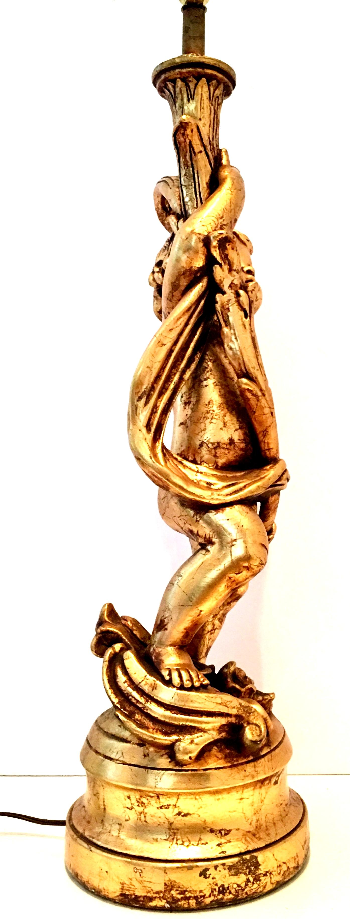 20th Century 1950s Monumental Neoclassical Style Gold Figural Putti Lamp and Gilt Shade For Sale