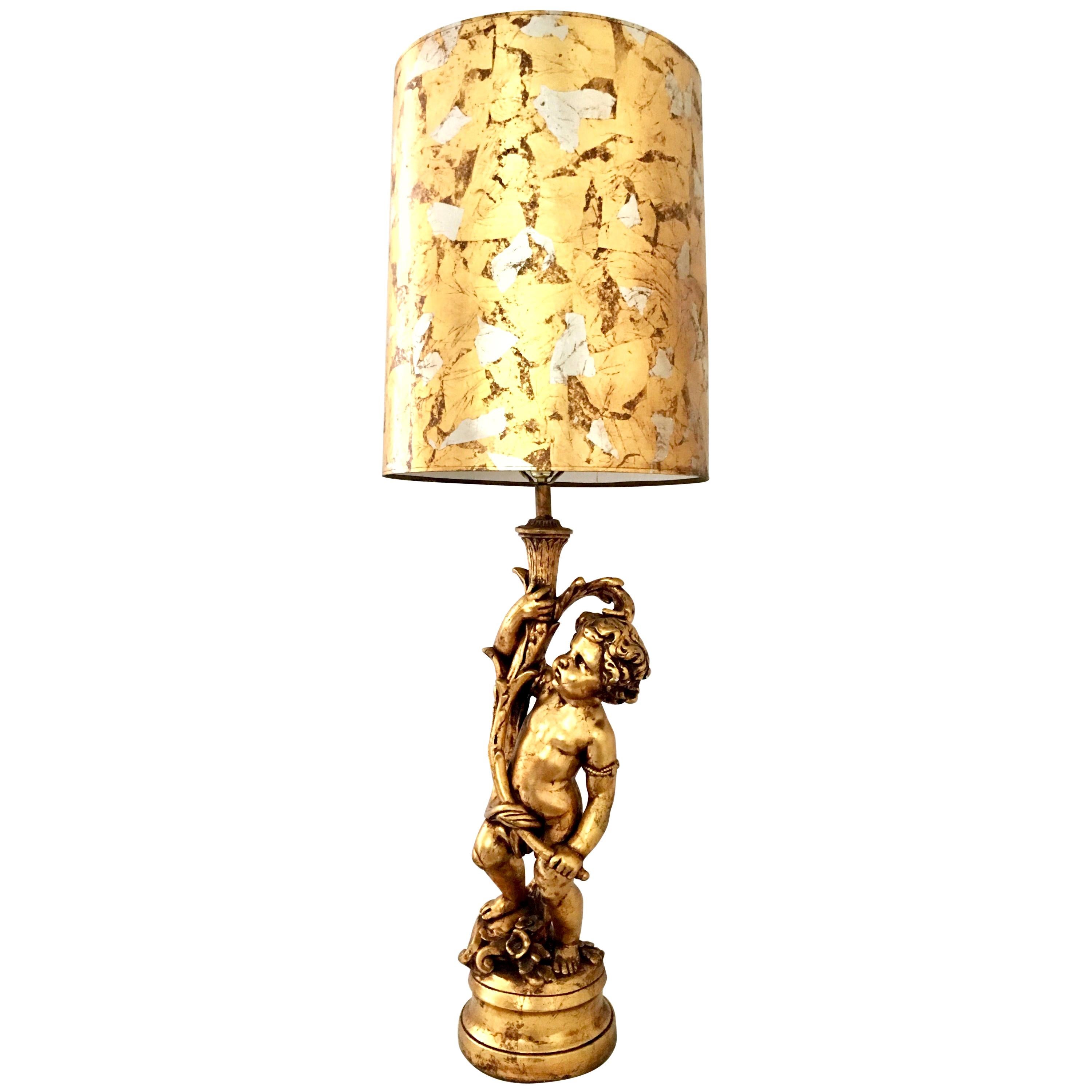 1950s Monumental Neoclassical Style Gold Figural Putti Lamp and Gilt Shade For Sale