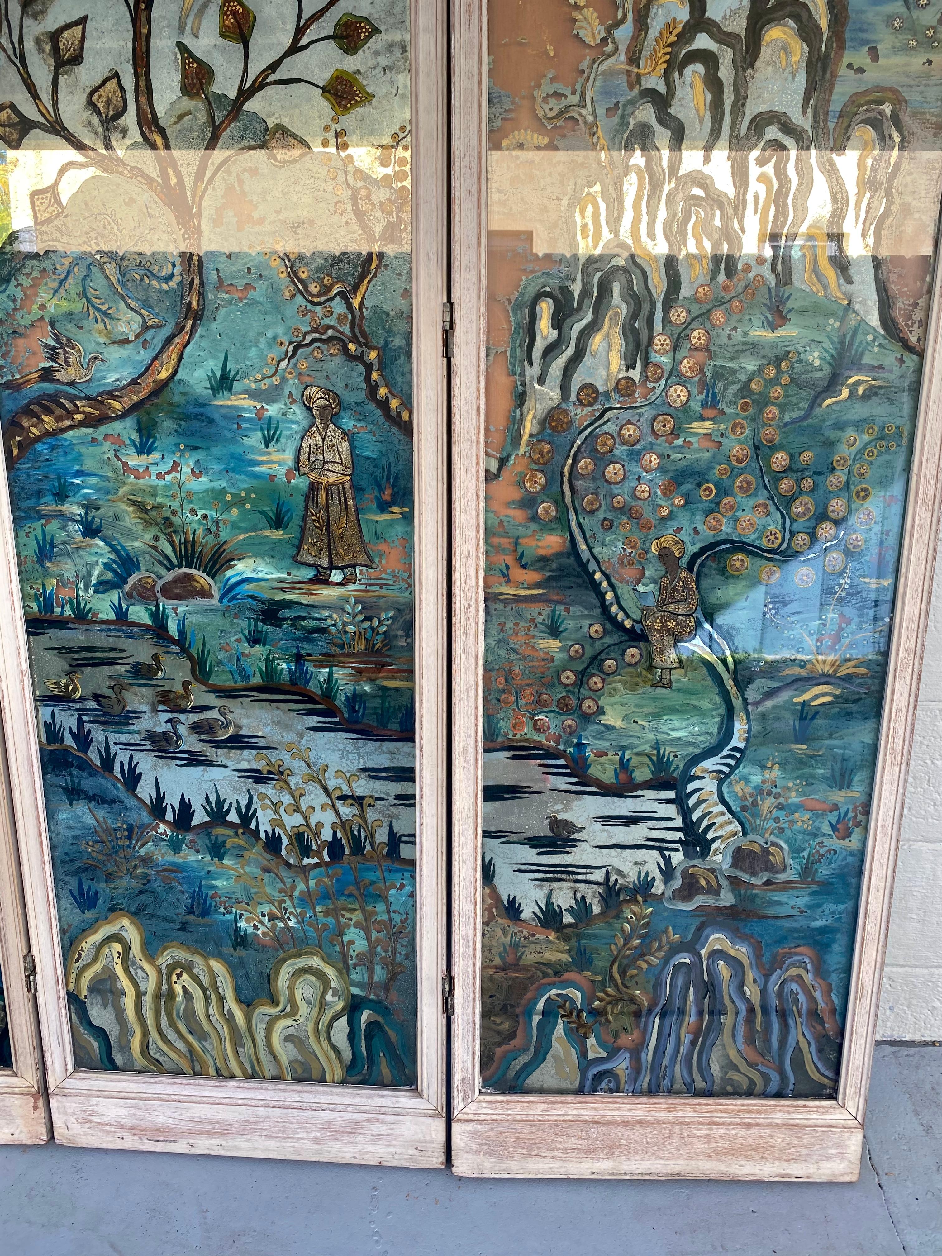 1950's Monumental Reverse Chinoiserie Painted Mirrored Panels Screen Divider  For Sale 7
