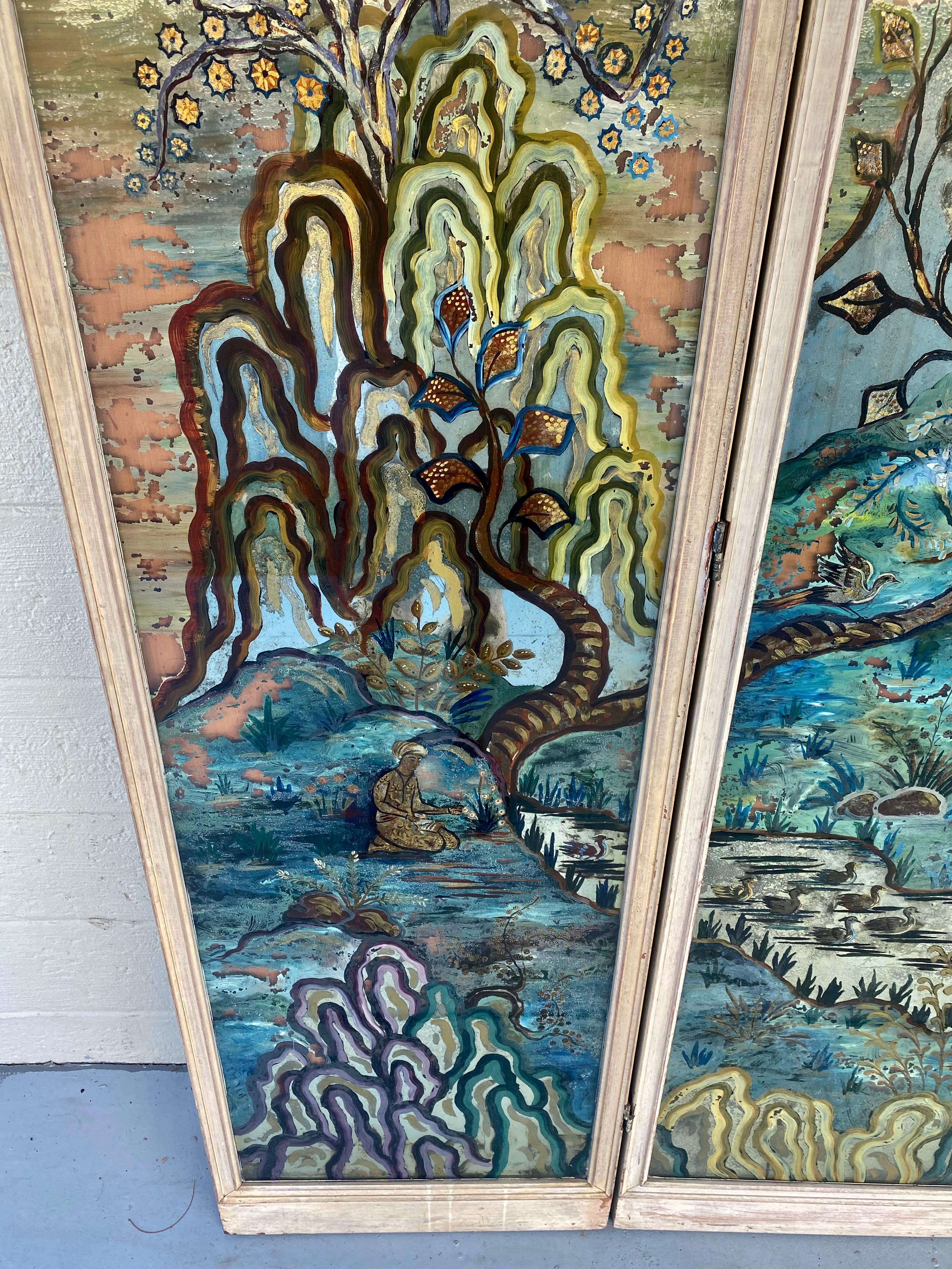 1950's Monumental Reverse Chinoiserie Painted Mirrored Panels Screen Divider  For Sale 8