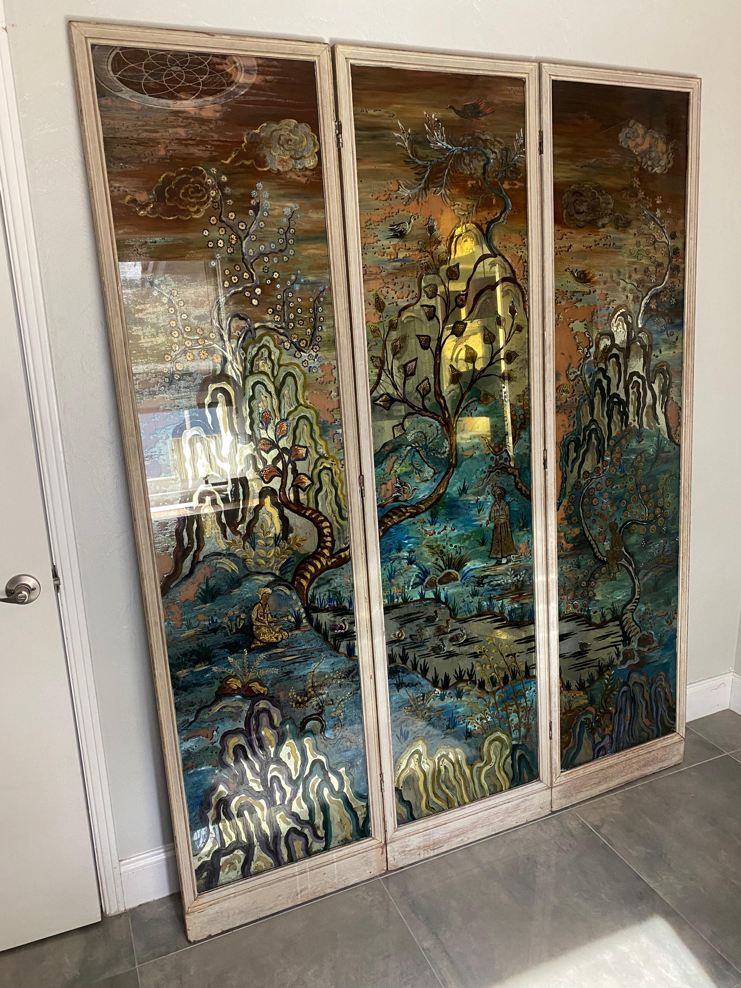 1950's Monumental Reverse Chinoiserie Painted Mirrored Panels Screen Divider  For Sale 9