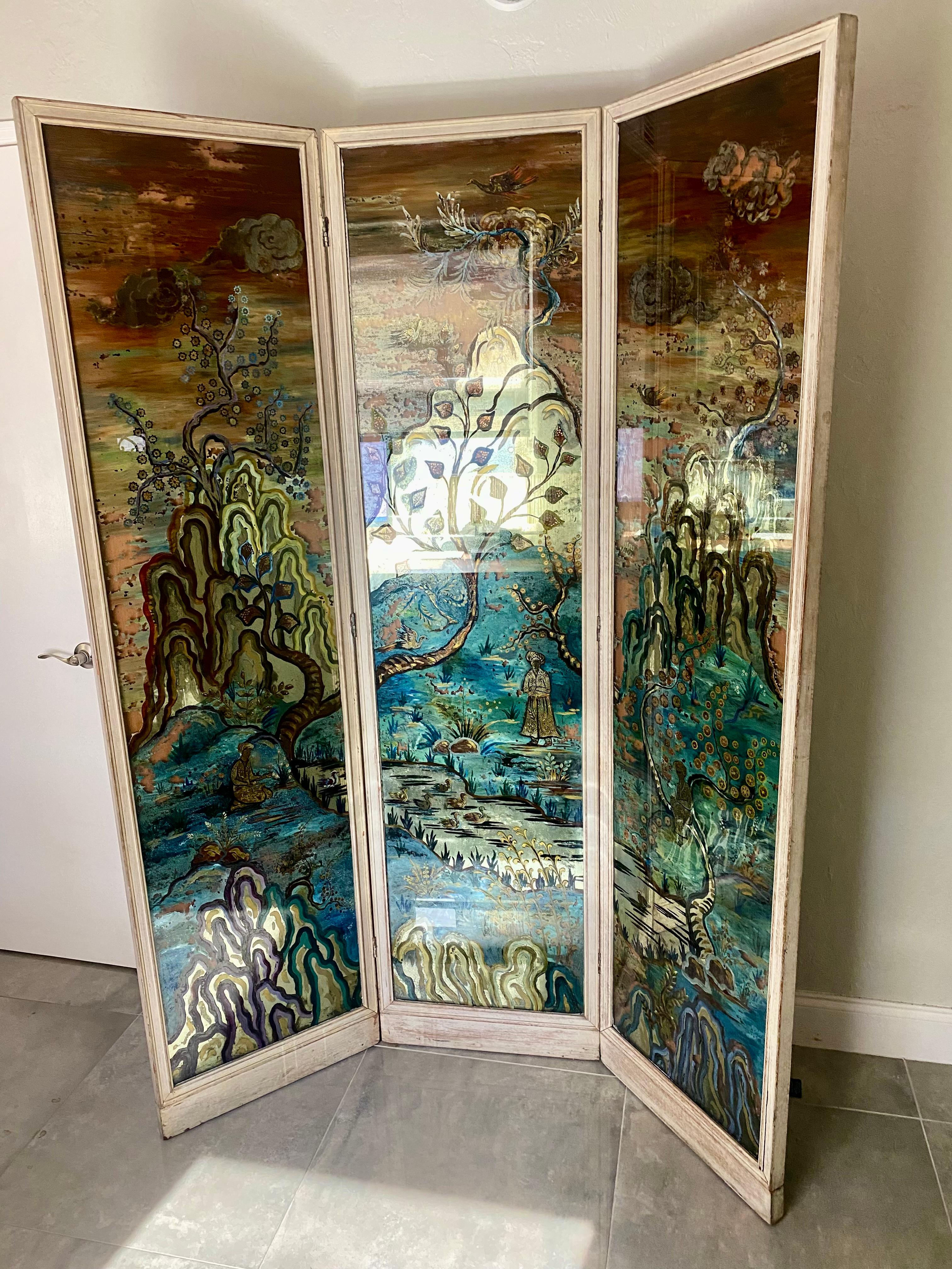 1950's Monumental Reverse Chinoiserie Painted Mirrored Panels Screen Divider  For Sale 10