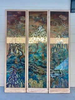 1940’s Reverse Japandi Chinoiserie Style Painted Mirrored Panels Screen Divider