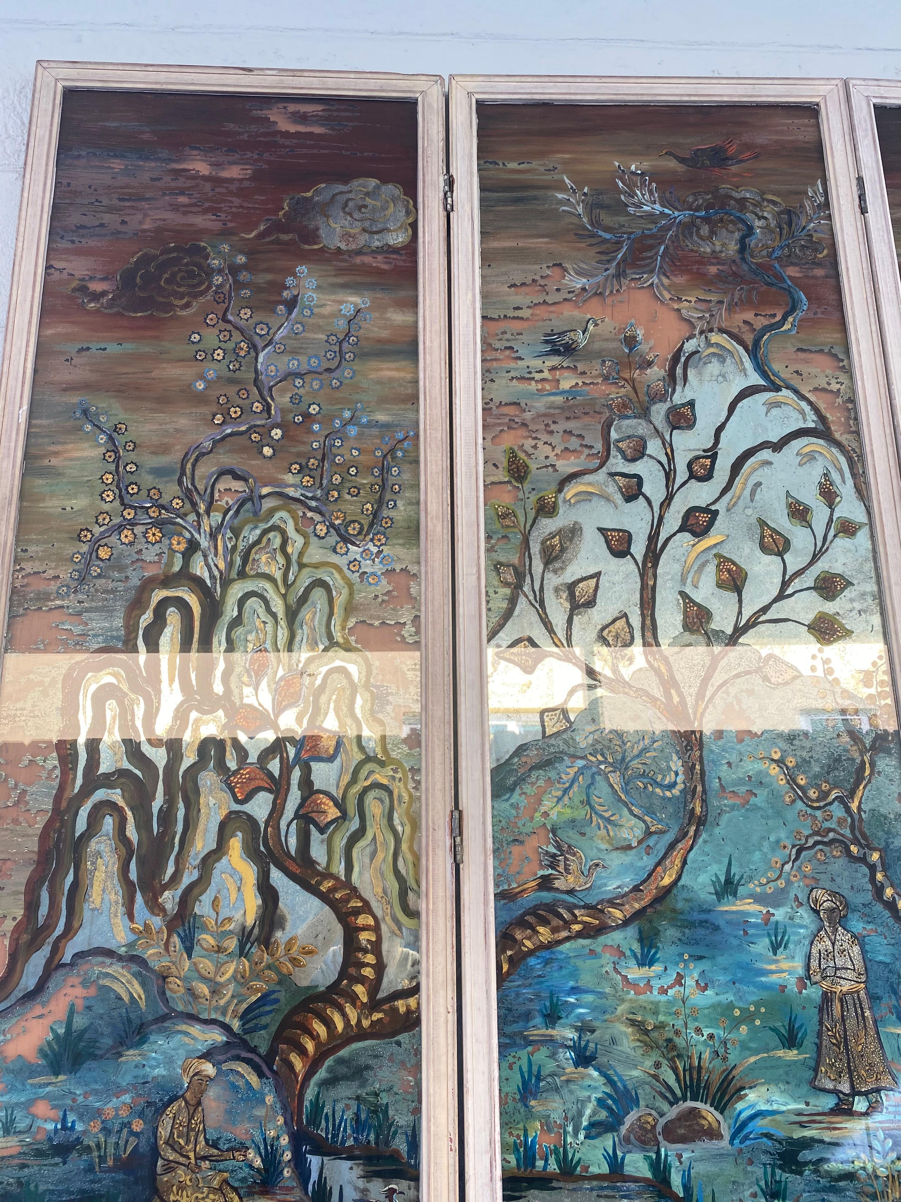Art Glass 1950's Monumental Reverse Chinoiserie Painted Mirrored Panels Screen Divider  For Sale