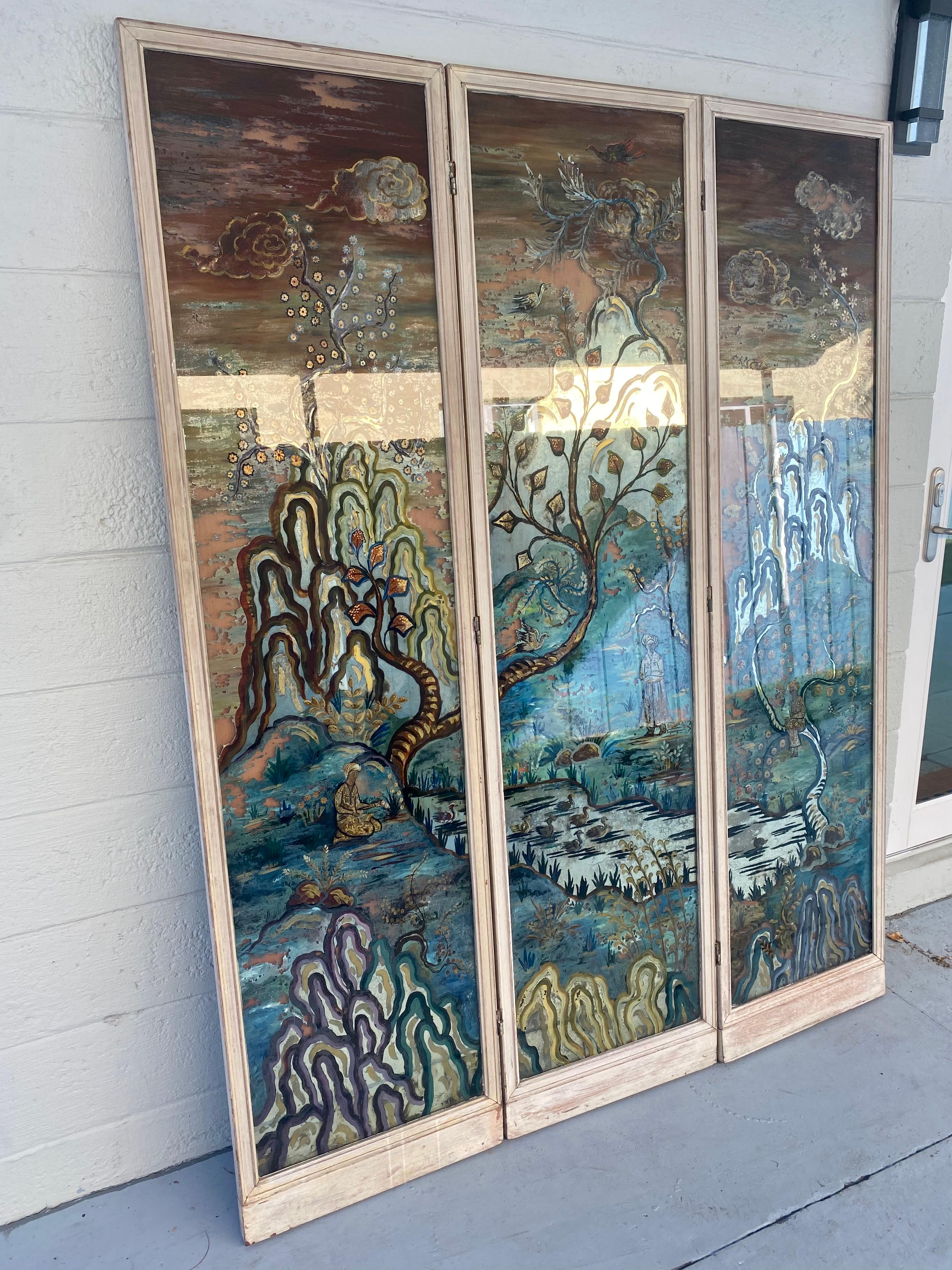 1950's Monumental Reverse Chinoiserie Painted Mirrored Panels Screen Divider  For Sale 1