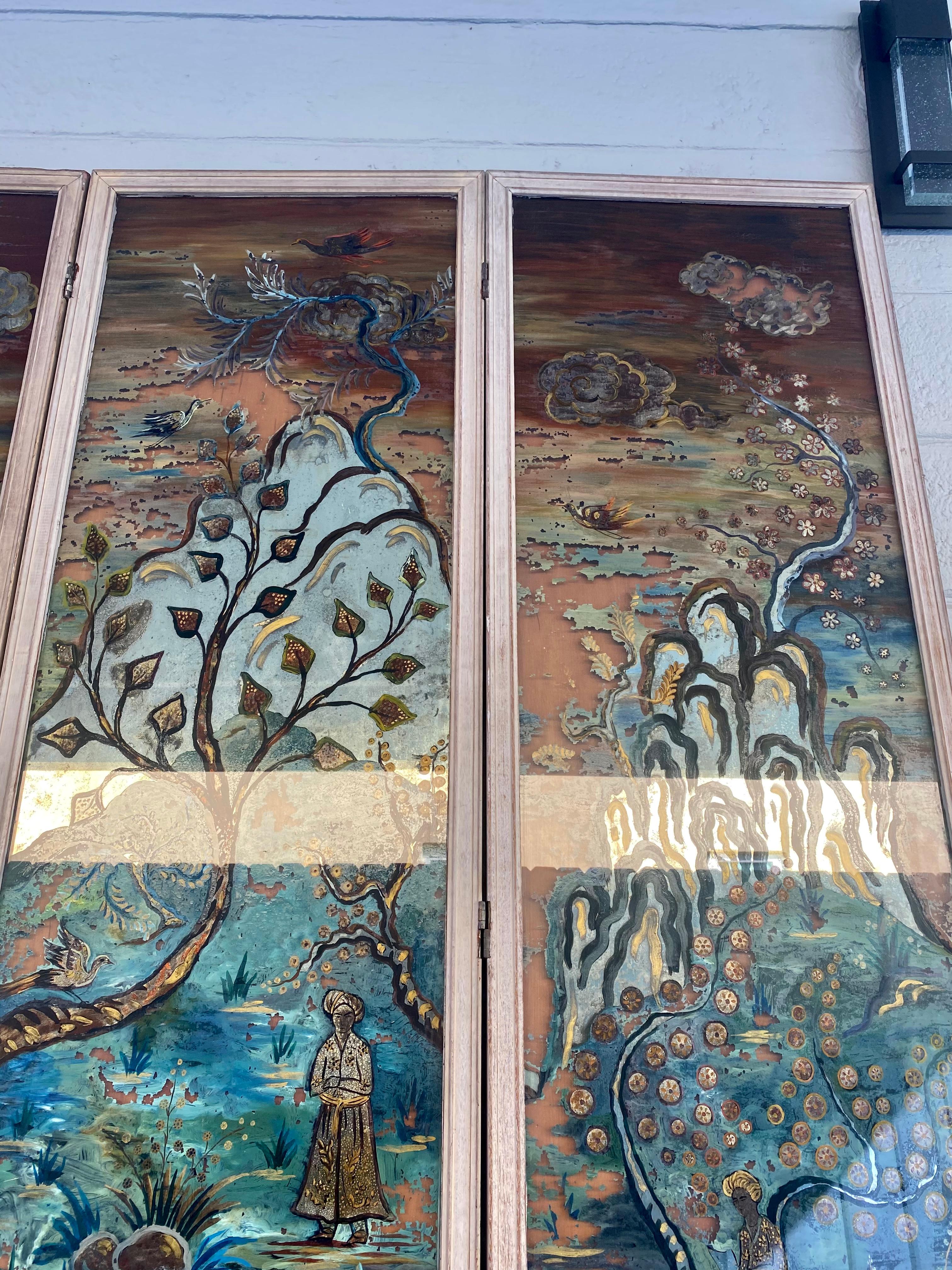 1950's Monumental Reverse Chinoiserie Painted Mirrored Panels Screen Divider  For Sale 3