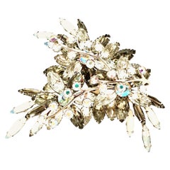 Retro 1950'S Monumental Silver & Austrian Crystal Abstract Floral Dimensional Brooch