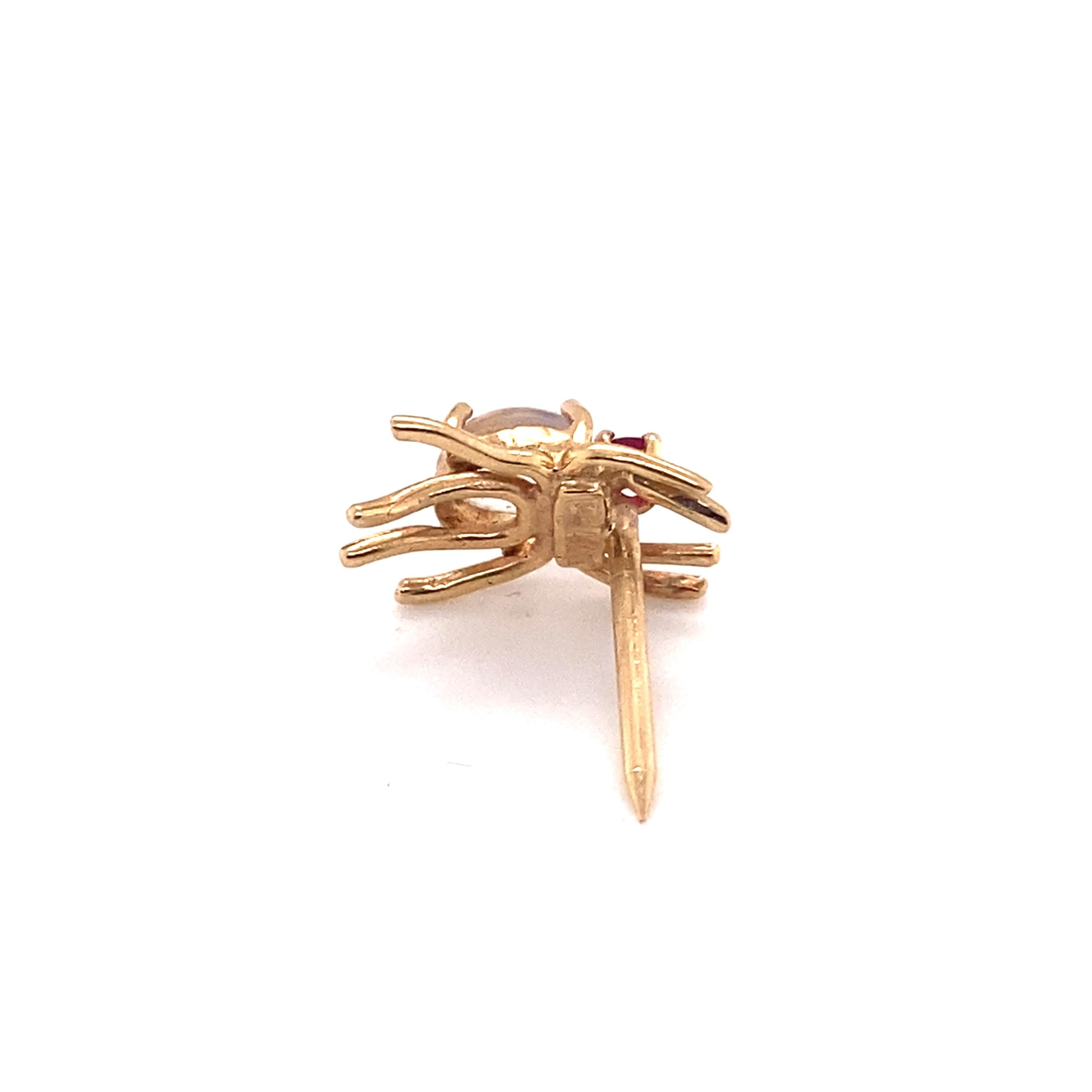 Contemporary 1950s Moonstone and Ruby Spider Pin in 14 Karat Yellow Gold For Sale