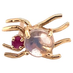 1950s Moonstone and Ruby Spider Pin in 14 Karat Yellow Gold