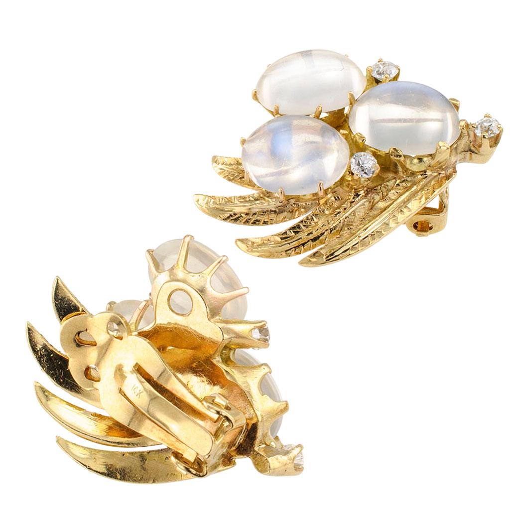 Women's 1950s Moonstone Diamond Gold Earclips