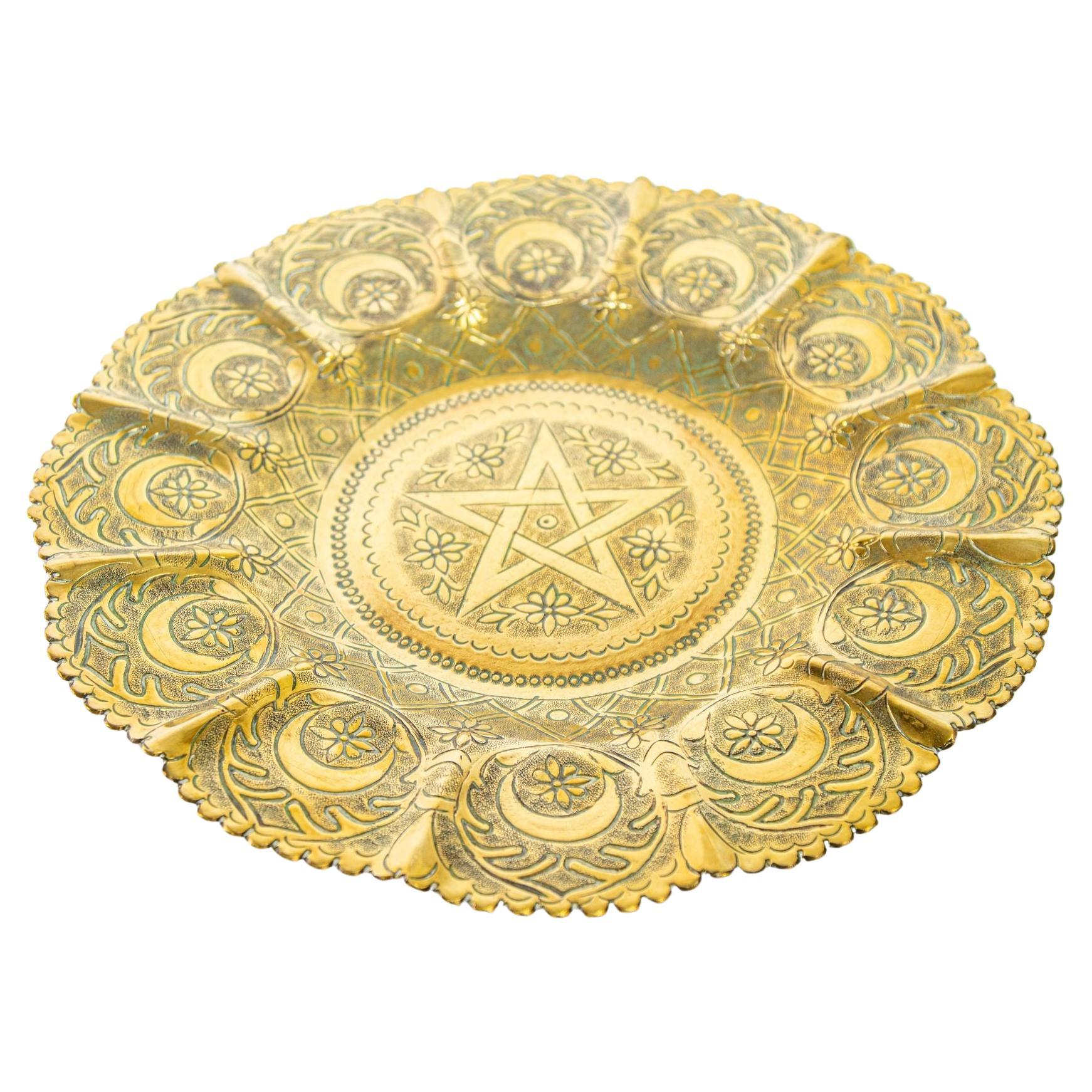 1950s Moroccan Brass Tray with Star and Moon Pattern 13 in. Diameter