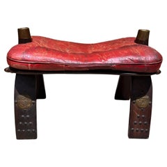 Vintage 1950s Moroccan Camel Stool Red Leather 