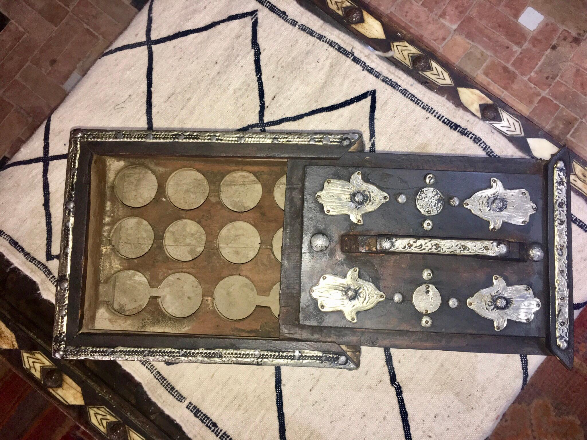 1950s Moroccan Ebony Tamarix Egg Storage Box - Silver Hamsa, Gems, Bone & Coins 7