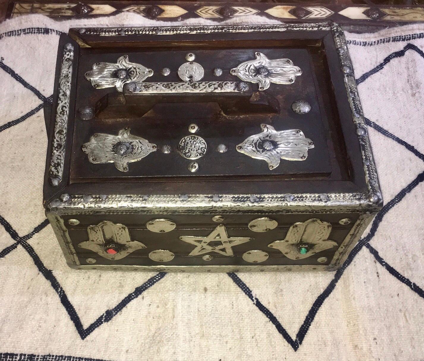 1950s Moroccan Ebony Tamarix Egg Storage Box - Silver Hamsa, Gems, Bone & Coins 7