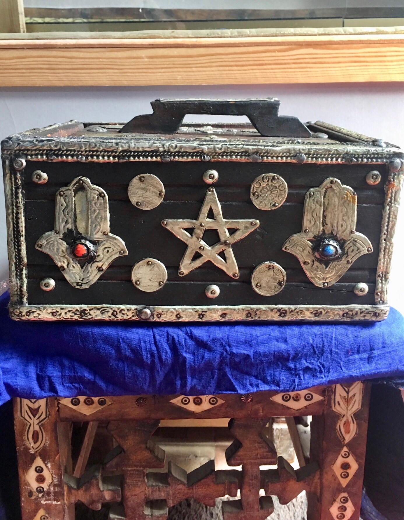 1950s Moroccan Ebony Tamarix Egg Storage Box - Silver Hamsa, Gems, Bone & Coins 9