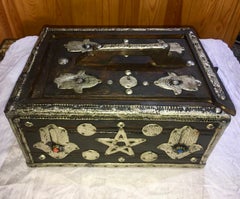 1950s Moroccan Ebony Tamarix Egg Storage Box - Silver Hamsa, Gems, Bone & Coins