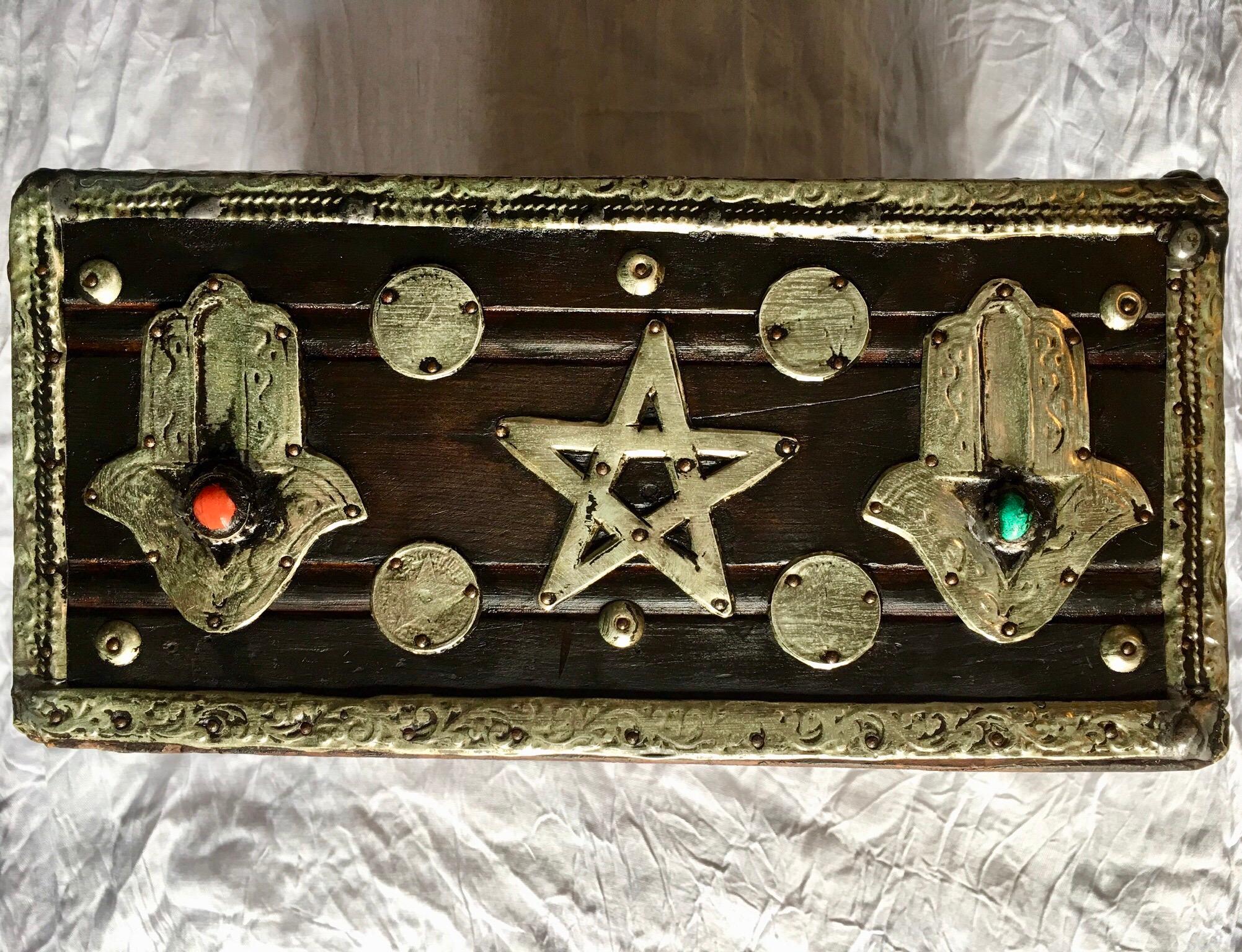 1950s Moroccan Ebony Tamarix Egg Storage Box - Silver Hamsa, Gems, Bone & Coins 1