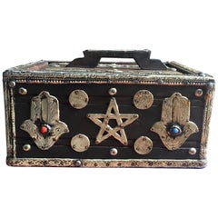 1950s Moroccan Ebony Tamarix Egg Storage Box - Silver Hamsa, Gems, Bone & Coins