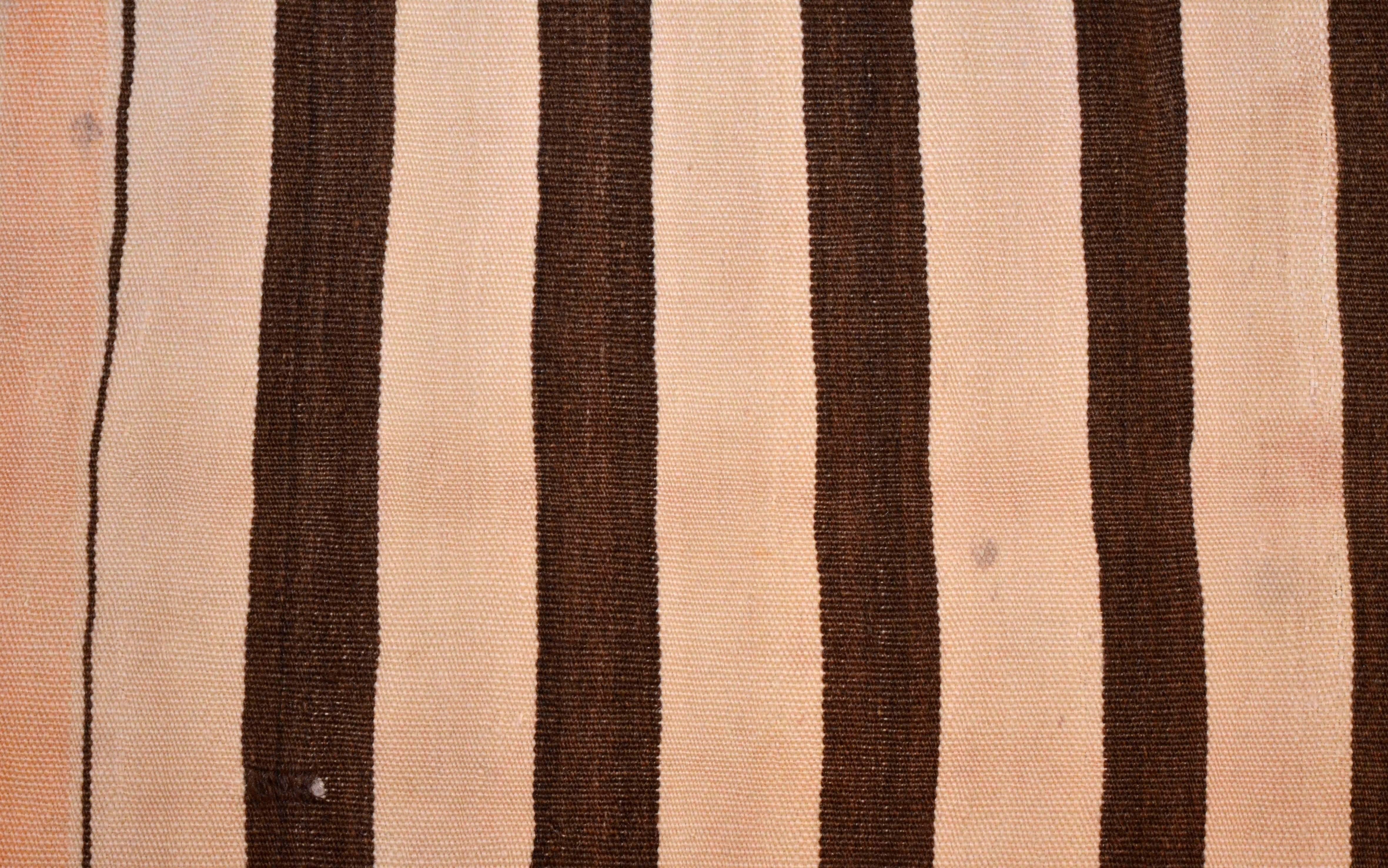 Mid-20th Century 1950s Moroccan Handwoven Natural Wool Brown and Cream Stripes Kilim For Sale