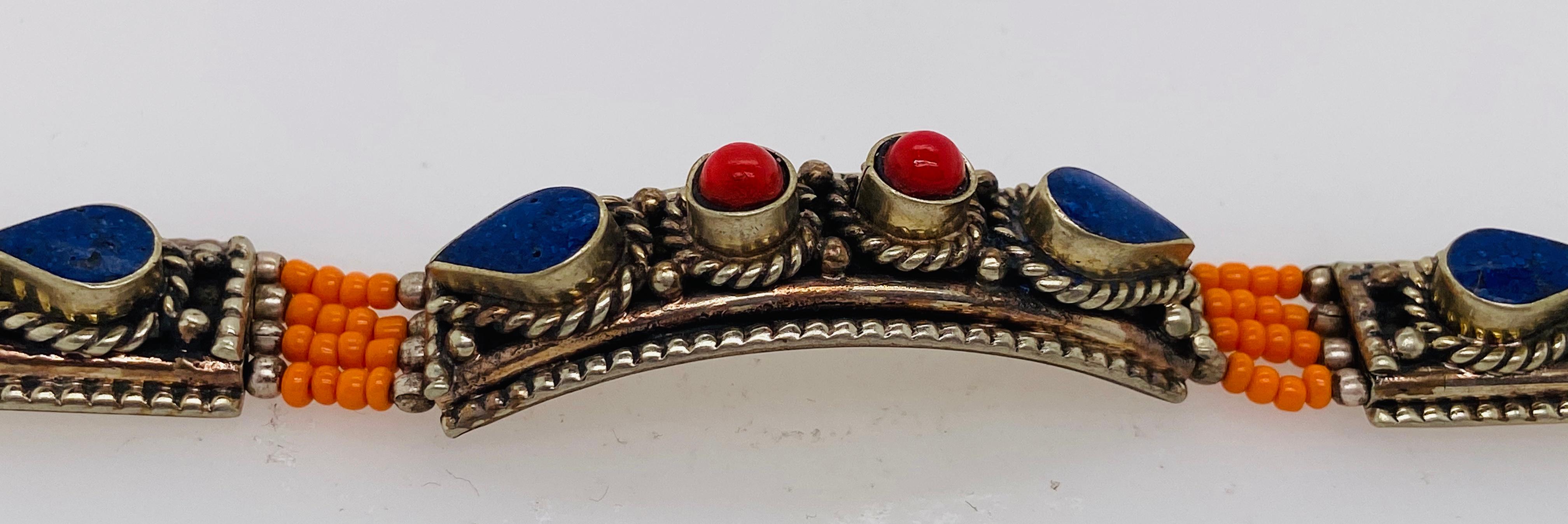 1950s Moroccan Tribal Silver & Blue, Red & Orange Stones Bracelet  For Sale 6