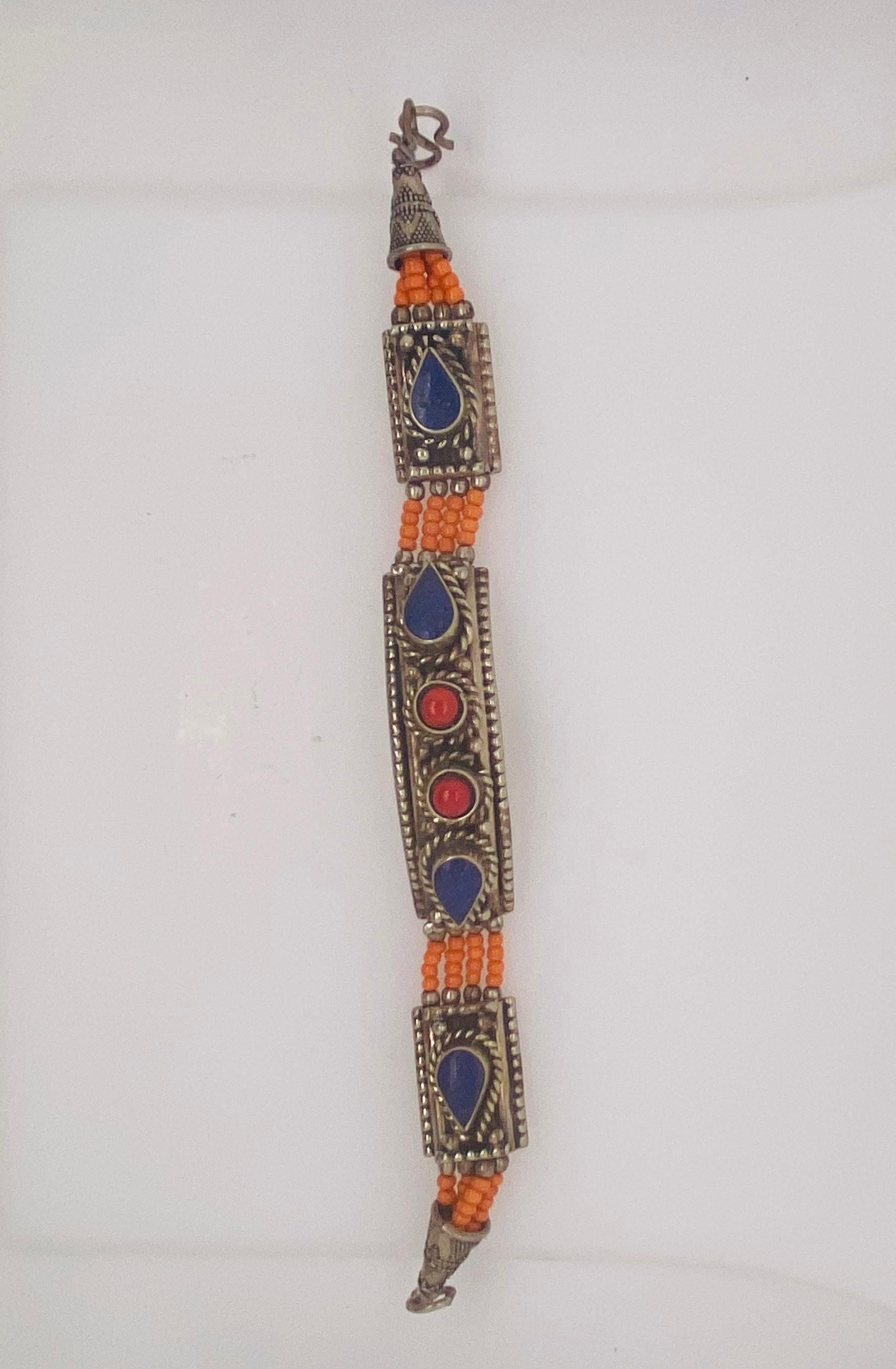 1950s Moroccan Tribal Silver & Blue, Red & Orange Stones Bracelet  For Sale 7