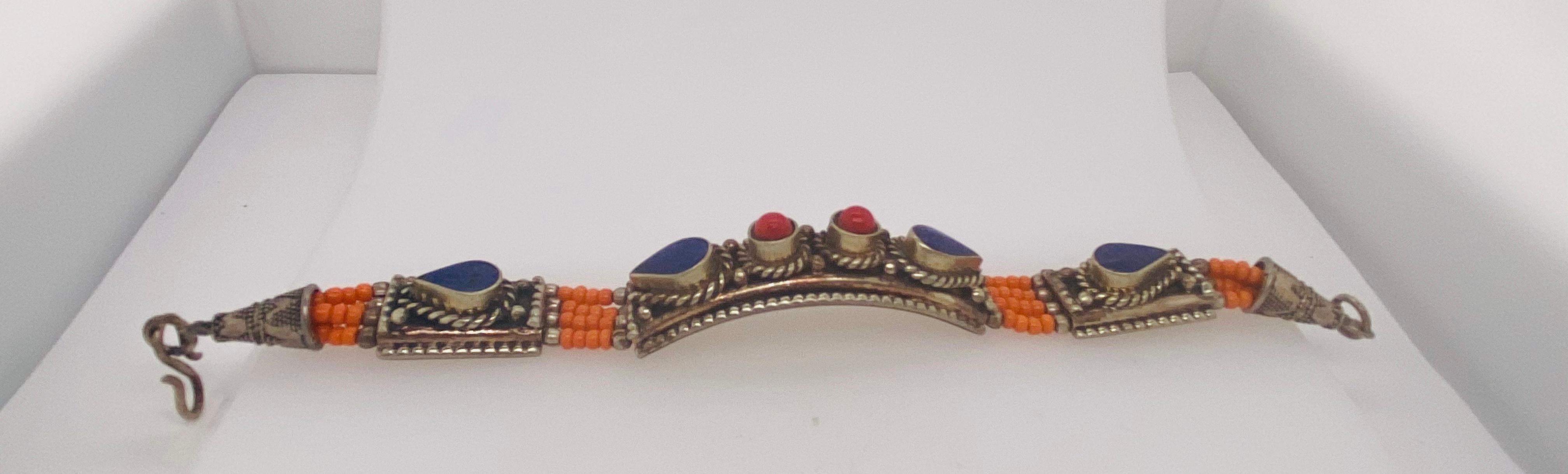 1950s Moroccan Tribal Silver & Blue, Red & Orange Stones Bracelet  For Sale 8