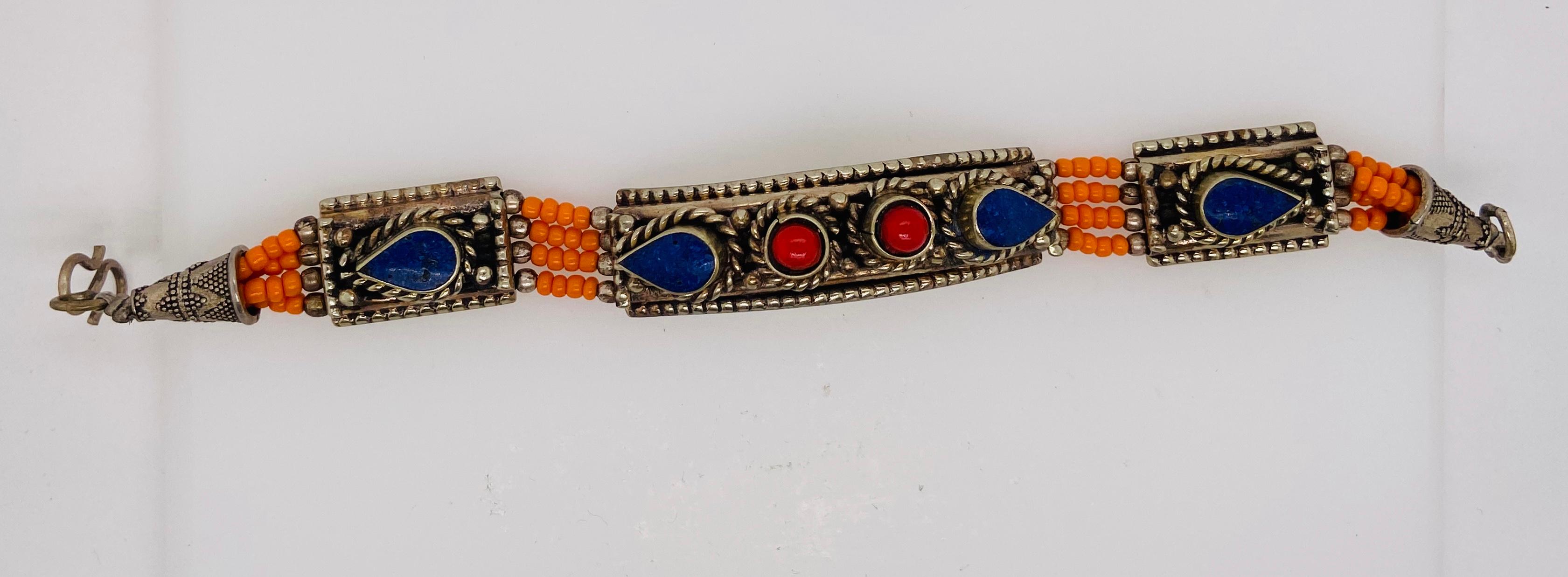 1950s Moroccan Tribal Silver & Blue, Red & Orange Stones Bracelet  For Sale 9