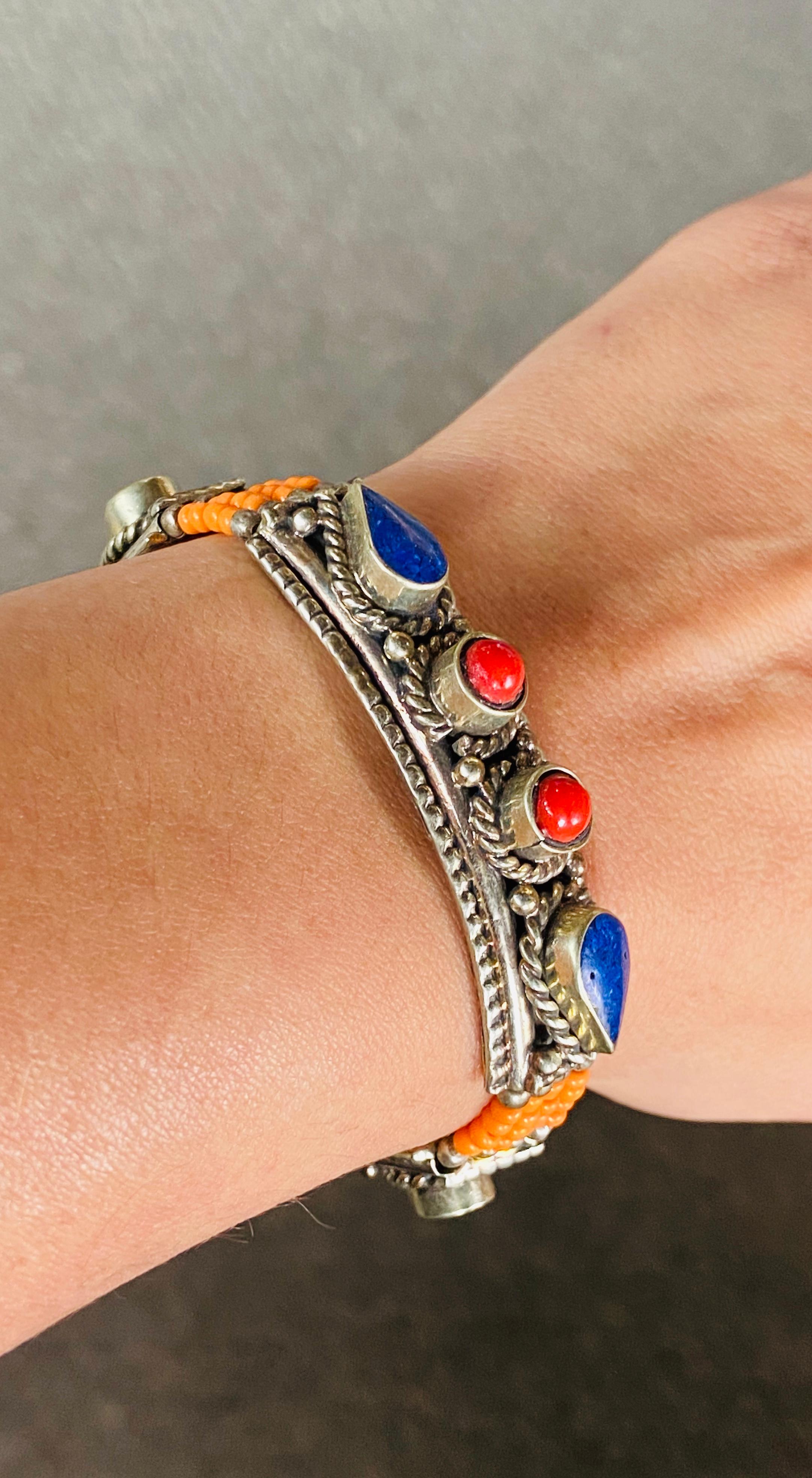 1950s Moroccan Tribal Silver & Blue, Red & Orange Stones Bracelet  In Good Condition For Sale In Plainview, NY
