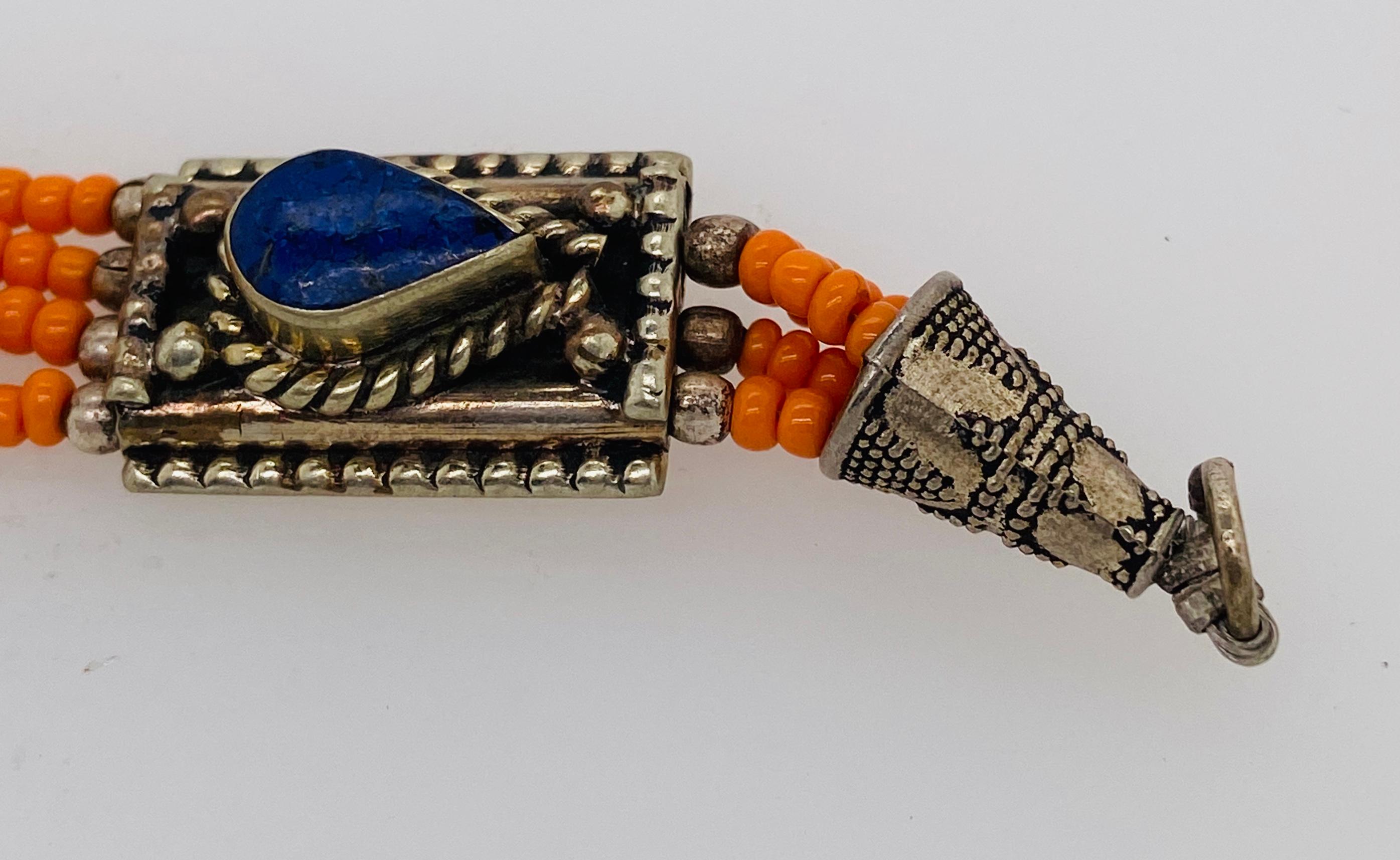 20th Century 1950s Moroccan Tribal Silver & Blue, Red & Orange Stones Bracelet  For Sale