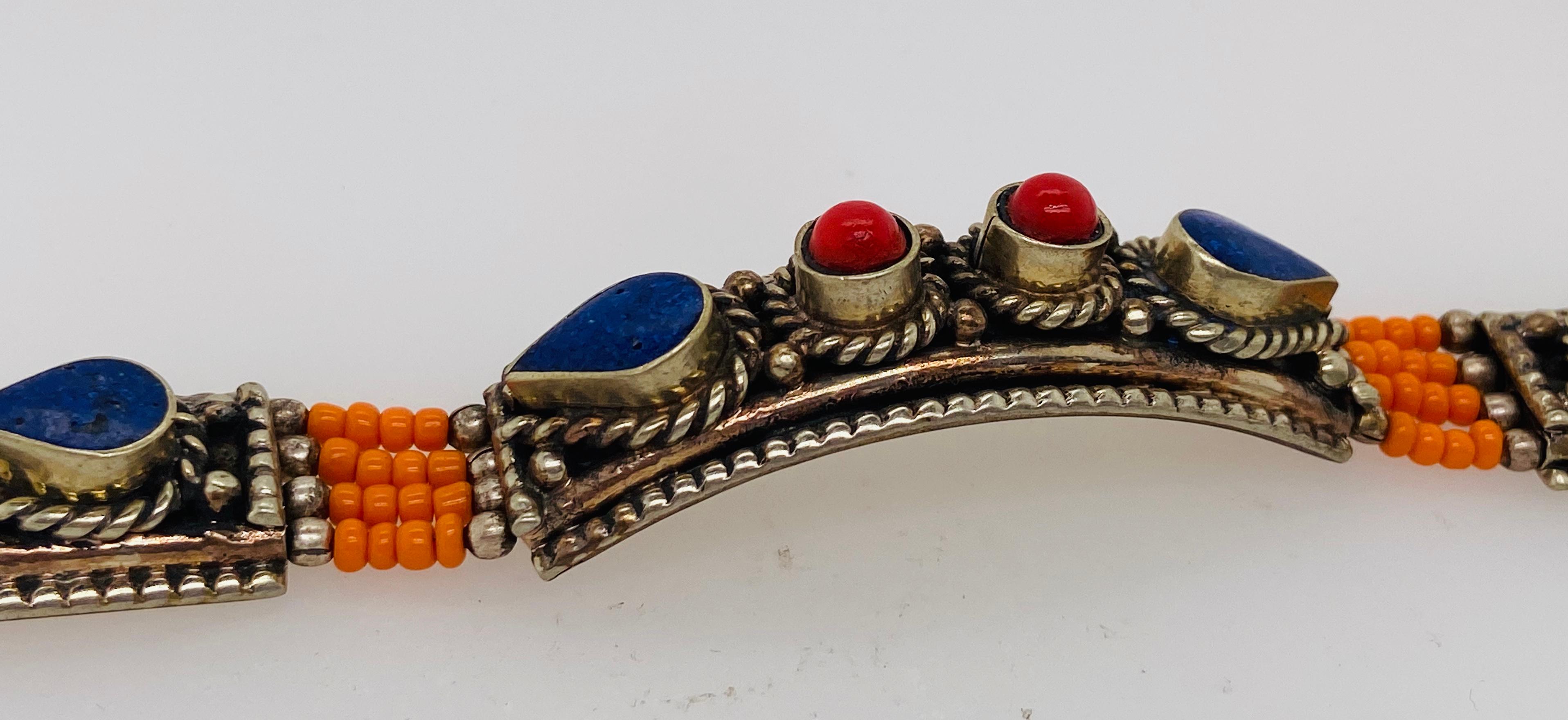 1950s Moroccan Tribal Silver & Blue, Red & Orange Stones Bracelet  For Sale 4