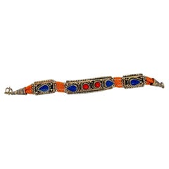 Retro 1950s Moroccan Tribal Silver & Blue, Red & Orange Stones Bracelet 