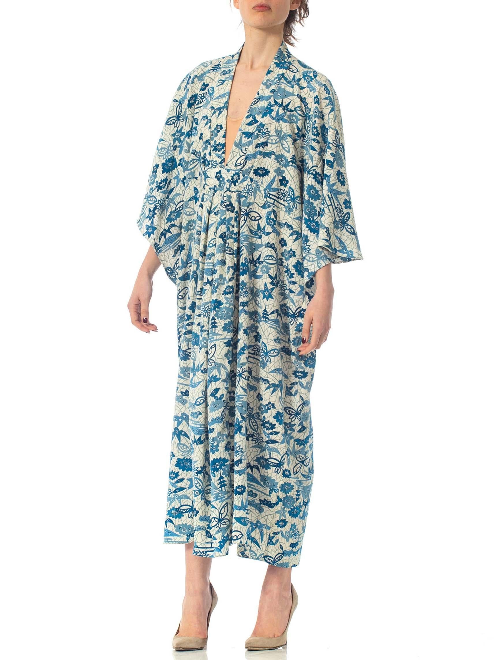 MORPHEW COLLECTION Blue & White Japanese Kimono Silk Kaftan 5