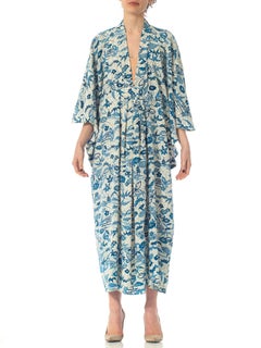 MORPHEW COLLECTION Blue & White Japanese Kimono Silk Kaftan