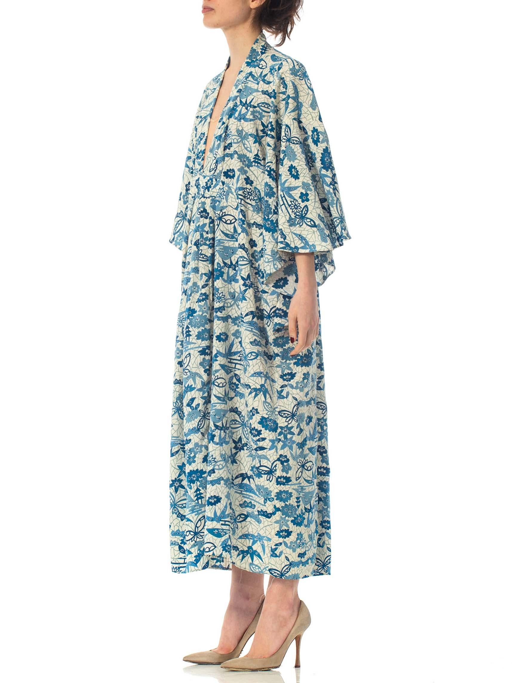MORPHEW COLLECTION Blue & White Japanese Kimono Silk Kaftan In Excellent Condition In New York, NY