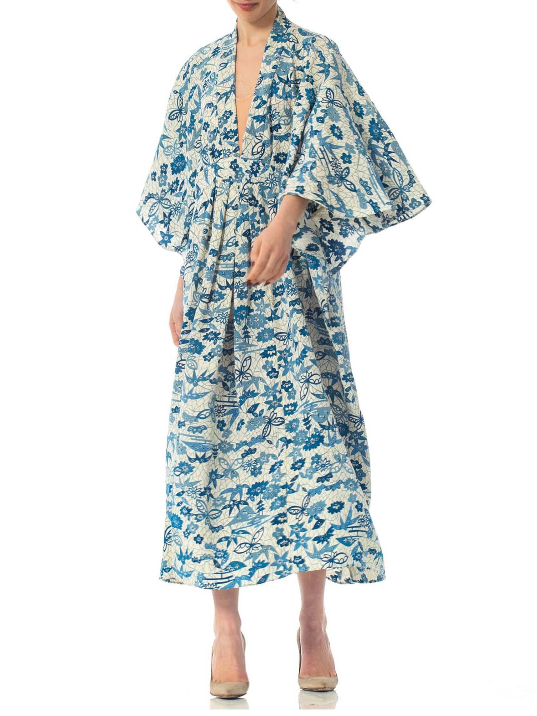 Women's MORPHEW COLLECTION Blue & White Japanese Kimono Silk Kaftan