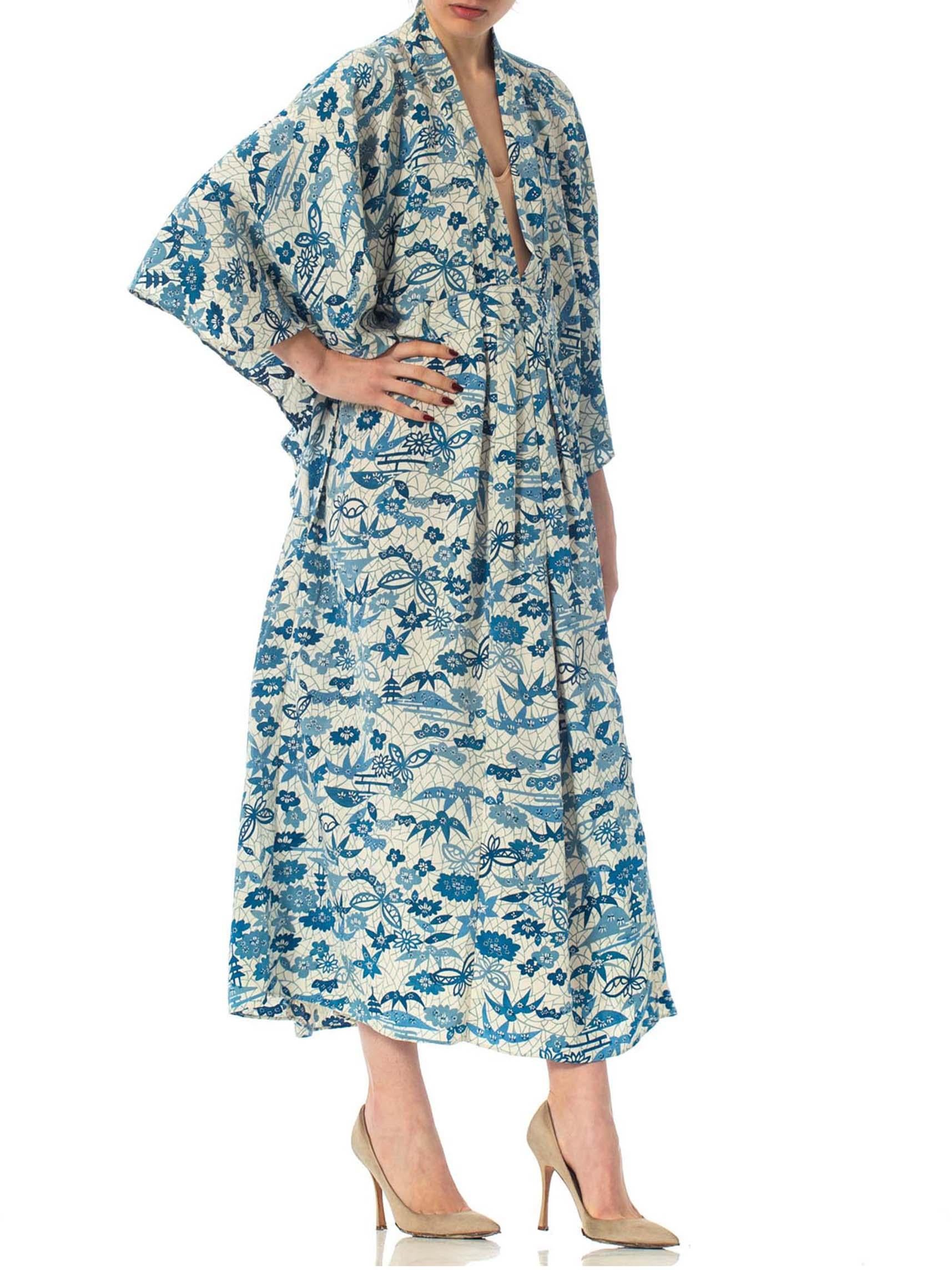 MORPHEW COLLECTION Blue & White Japanese Kimono Silk Kaftan 3
