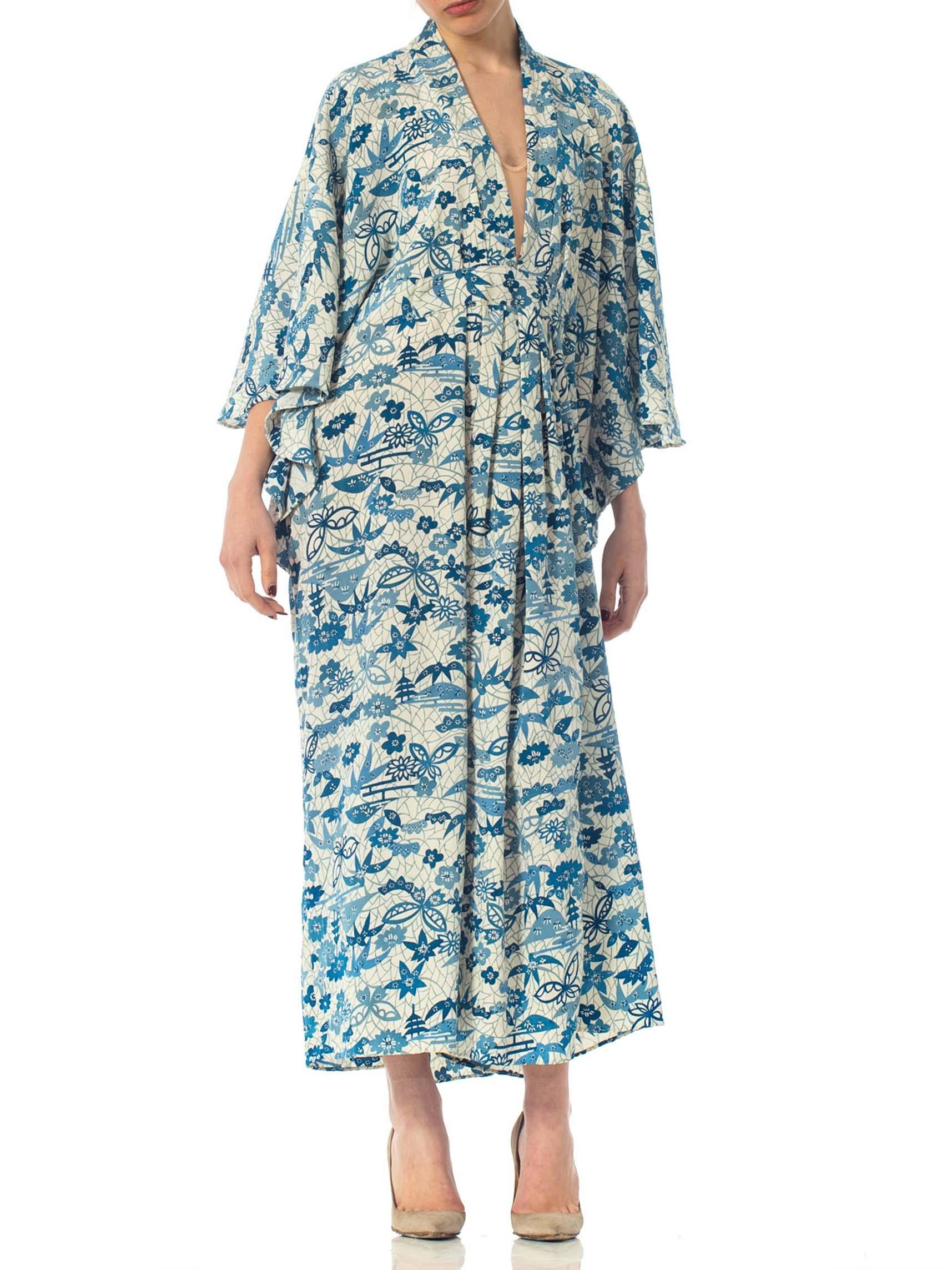 MORPHEW COLLECTION Blue & White Japanese Kimono Silk Kaftan 4
