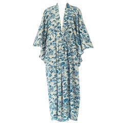 1950'S Morphew Collection Kaftan In Blue And White Printed Japanese Kimono Silk