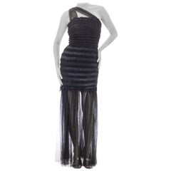 MORPHEW COLLECTION Schwarzes 1950er Kleid mit gerafftem Mieder und Strickrock aus Raffia und Tüll