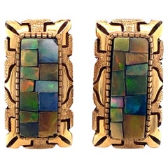 1950s Mosaic Opal Rectangular Earrings in 14 Karat Gold