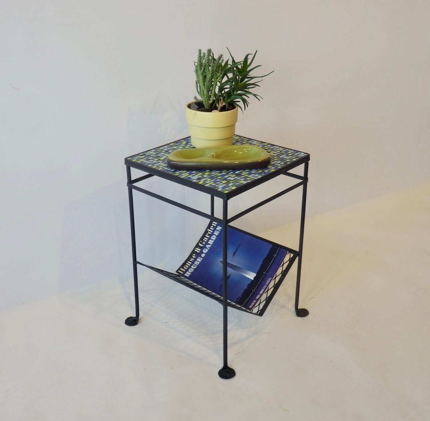 1950s Restored Mosaic Top Wrought Iron Table with Magazine Rack For Sale 2