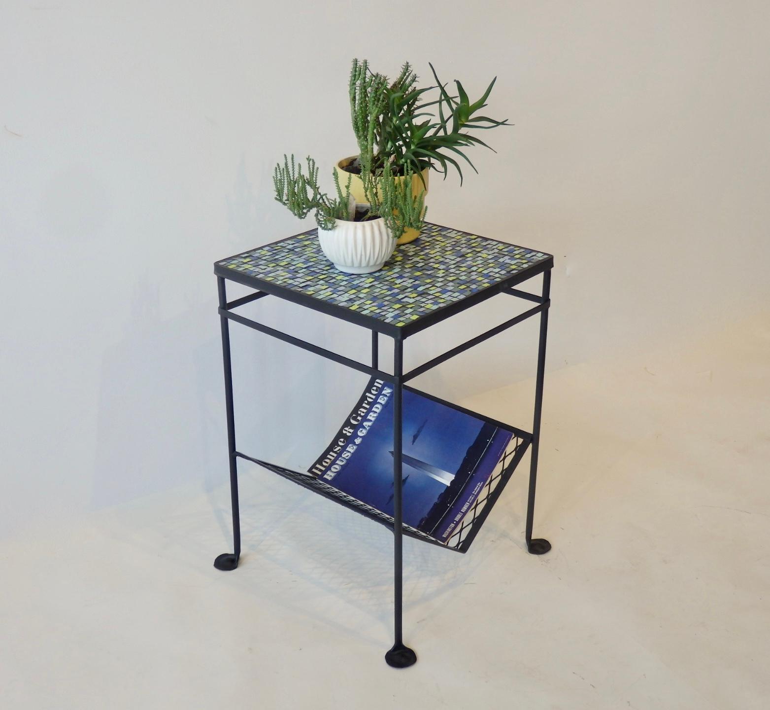 1950s Restored Mosaic Top Wrought Iron Table with Magazine Rack For Sale 3