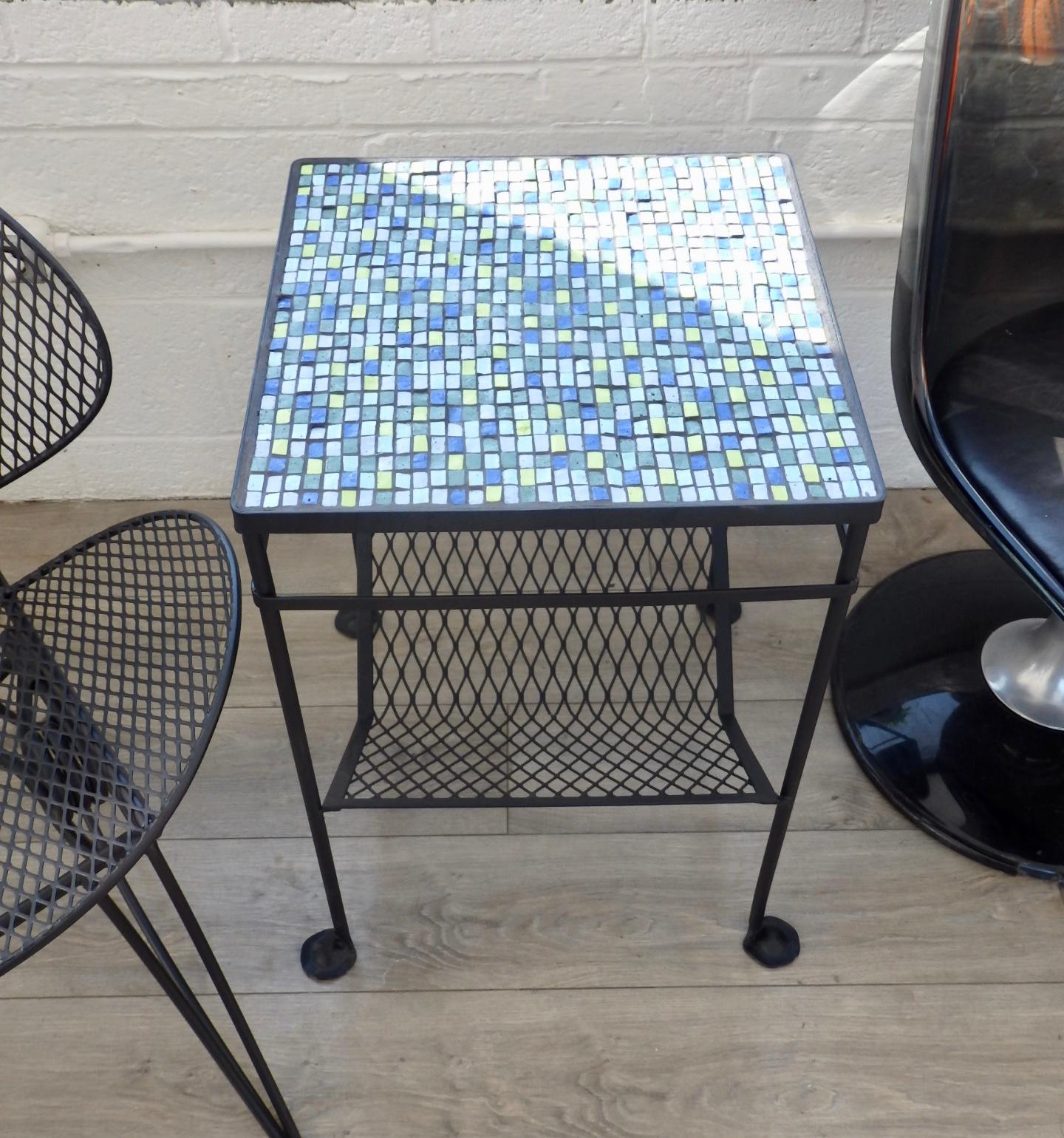 1950s Restored Mosaic Top Wrought Iron Table with Magazine Rack For Sale 6