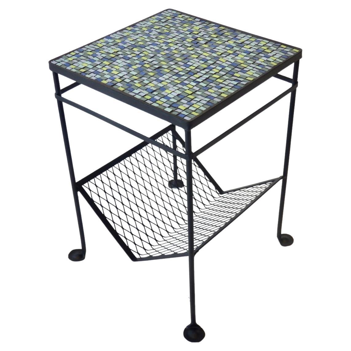 1950s Restored Mosaic Top Wrought Iron Table with Magazine Rack For Sale